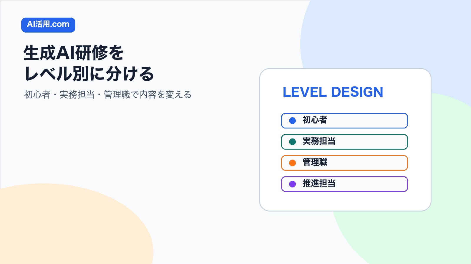 生成AI研修を初心者 実務担当 管理職 推進担当のレベル別に分ける方法の図解