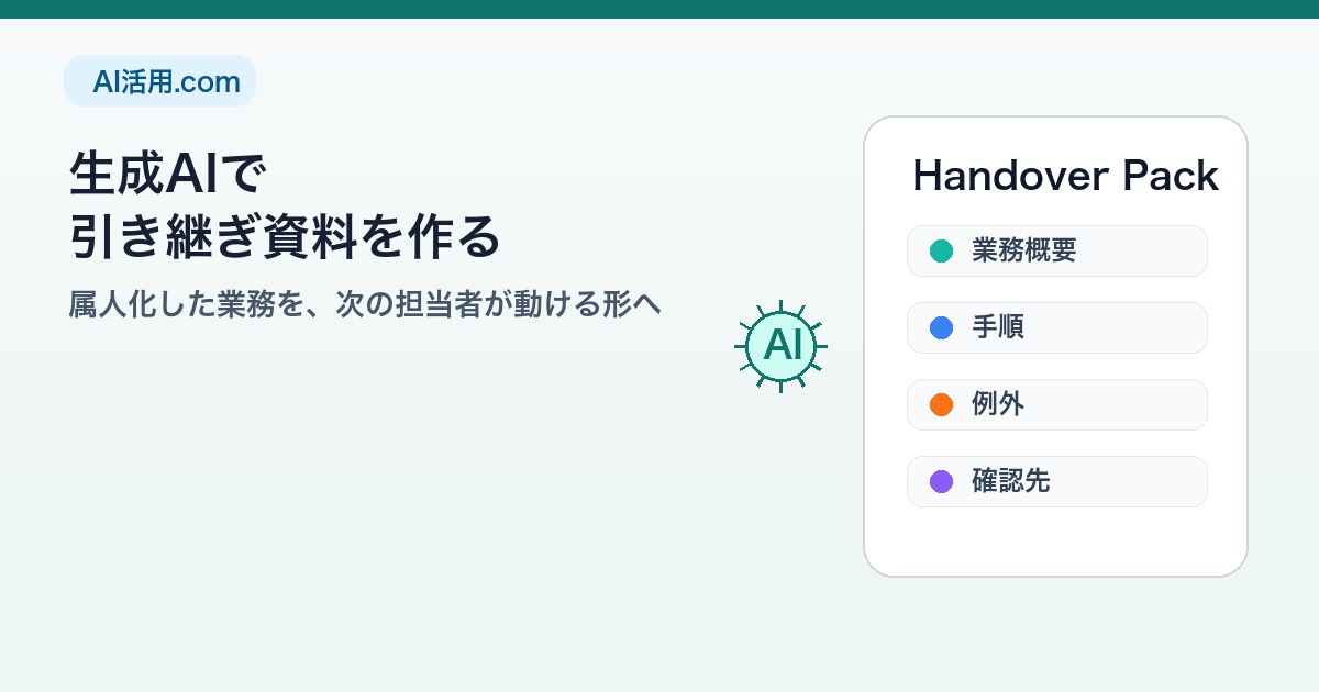 生成AIで引き継ぎ資料を作り属人化した業務を次の担当者へ渡すイメージ