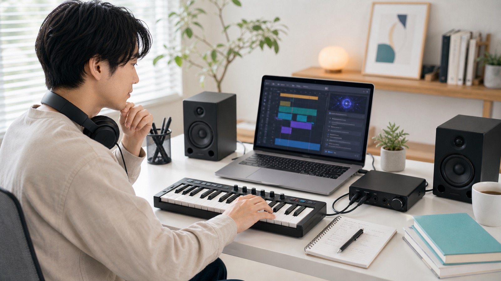 AI作曲ツールとDTM機材を使って曲作りを始めるイメージ
