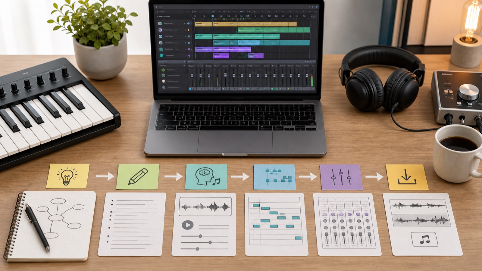 アイデア出しからAIデモ作成、編曲、ミックスまでの作曲ワークフローのイメージ