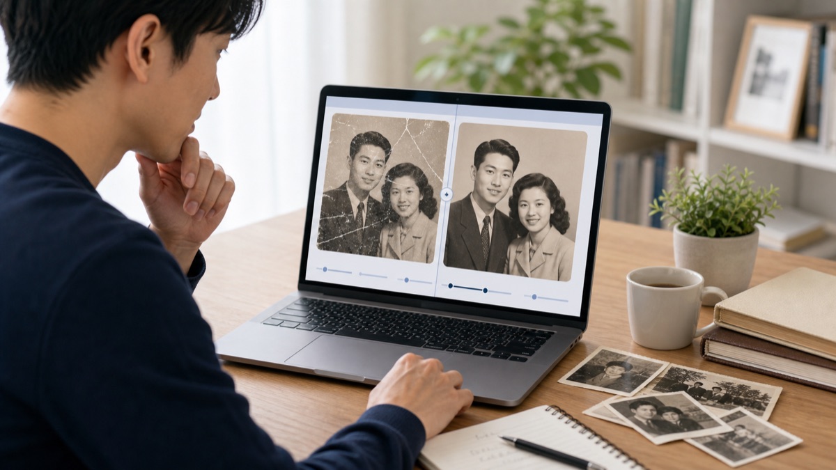 古い写真の補正前後を比較するイメージ