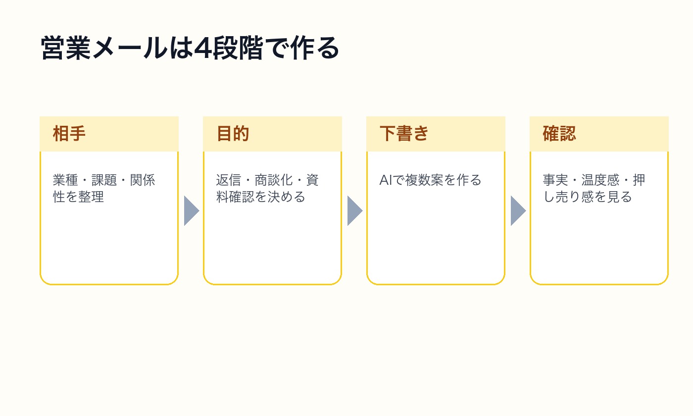 営業メールを相手 目的 下書き 確認の4段階で作る流れの図解