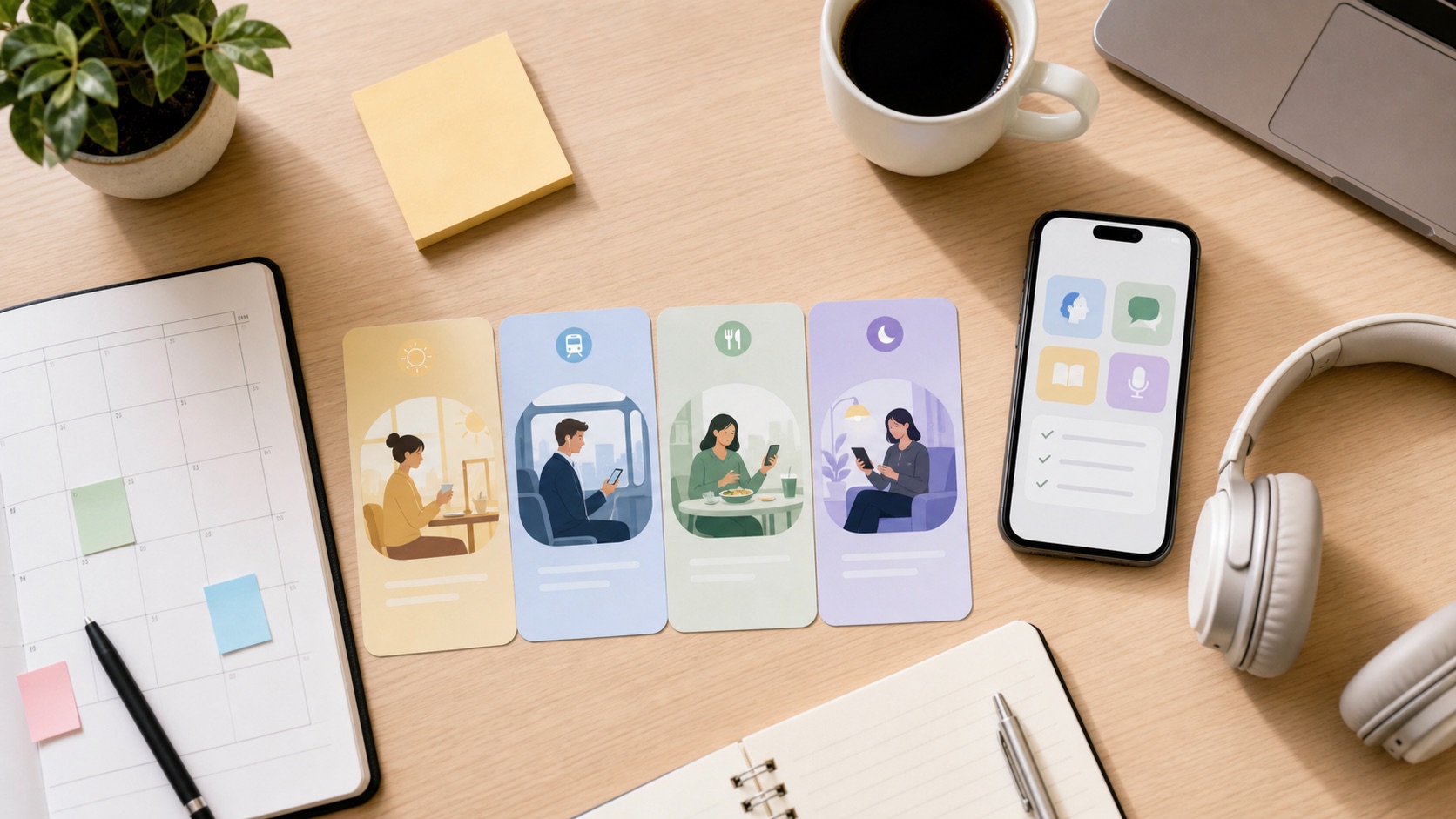 朝や通勤時間などにAI英語学習を組み込むイメージ