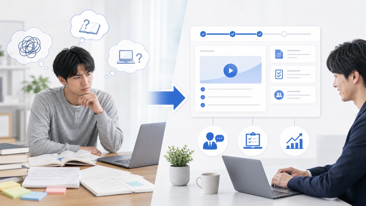 独学と生成AI講座の違いを比較するイメージ