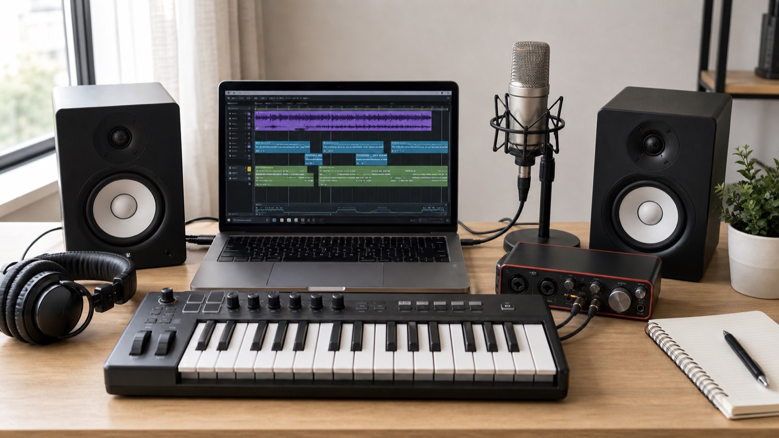 AI作曲で使うパソコン、MIDIキーボード、ヘッドホン、オーディオインターフェースのイメージ