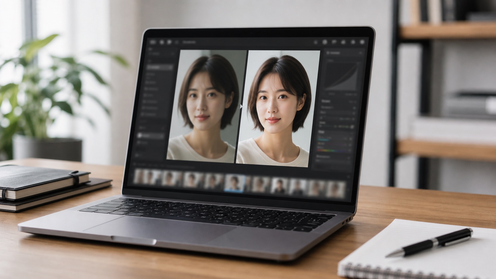 AIでプロフィール写真の補正前後を確認しているパソコン画面
