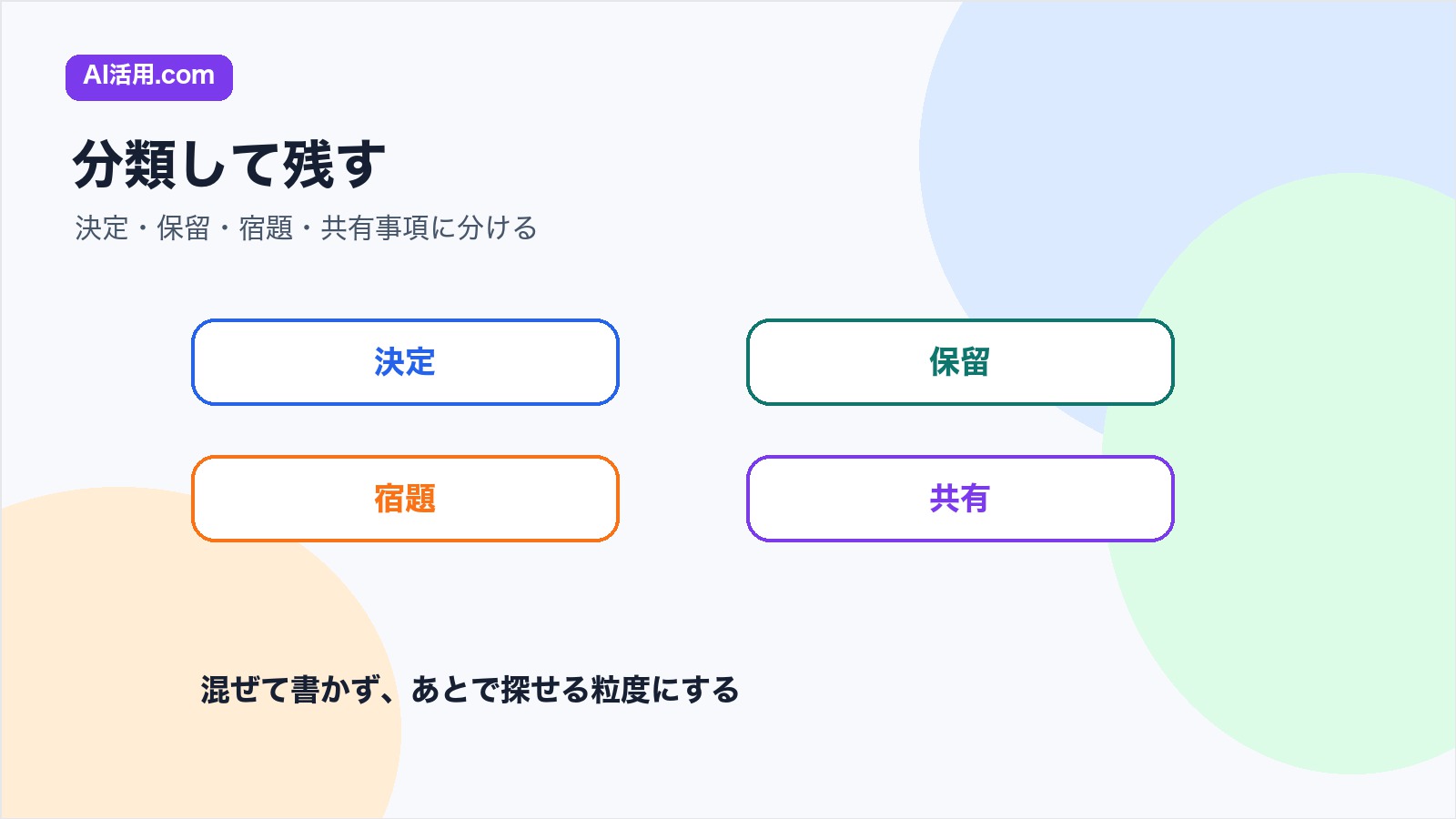 会議内容を決定保留宿題共有事項に分類して残す図解