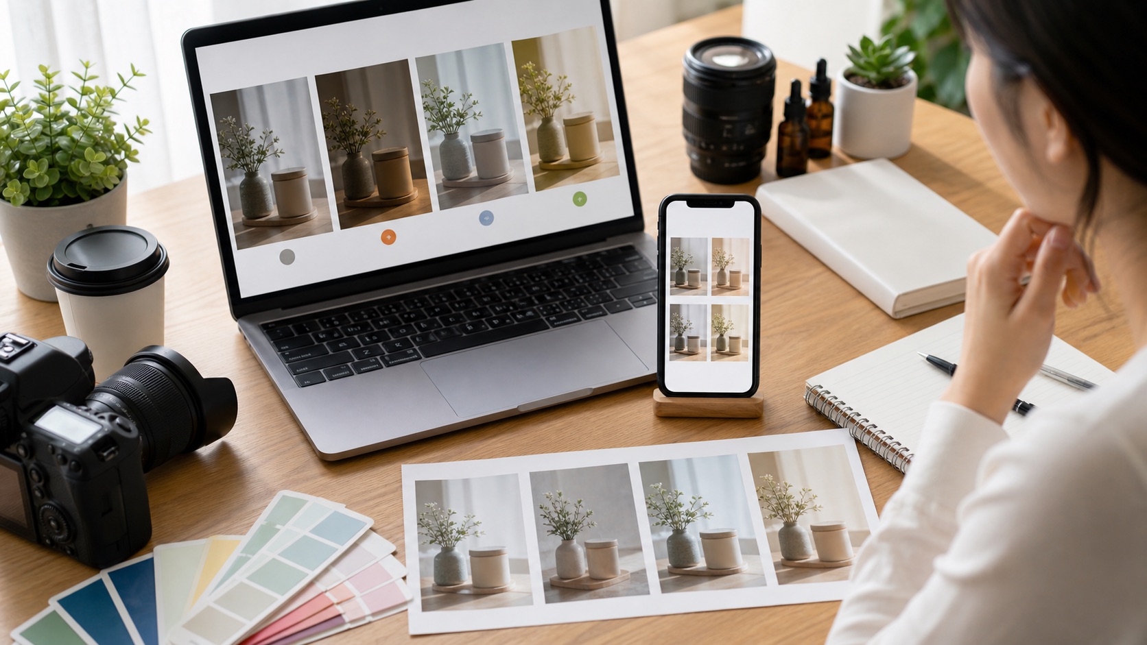 手動編集やスマホフィルターやAI写真補正を比較するイメージ