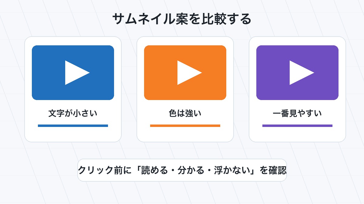 AIで作ったYouTubeサムネイル案を比較して見やすさを確認する図解