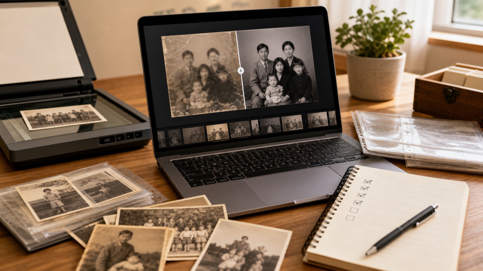 古い家族写真やぼけた画像をAIで補正して見比べるイメージ