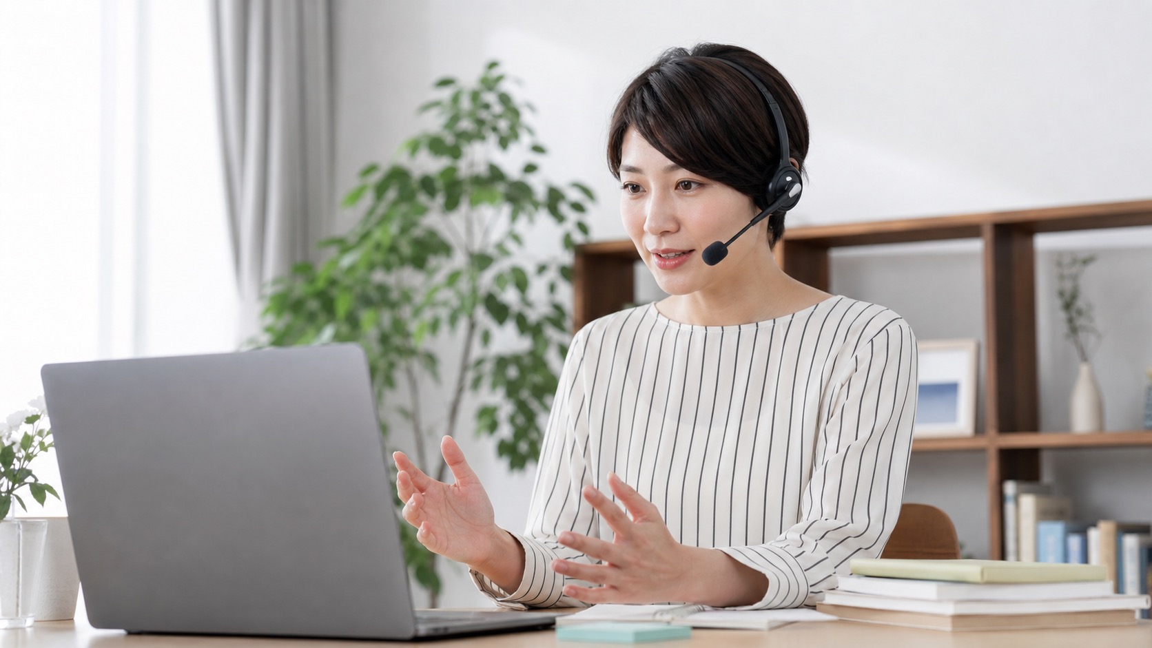 オンラインでビジネス英会話のスピーキング練習をしている女性