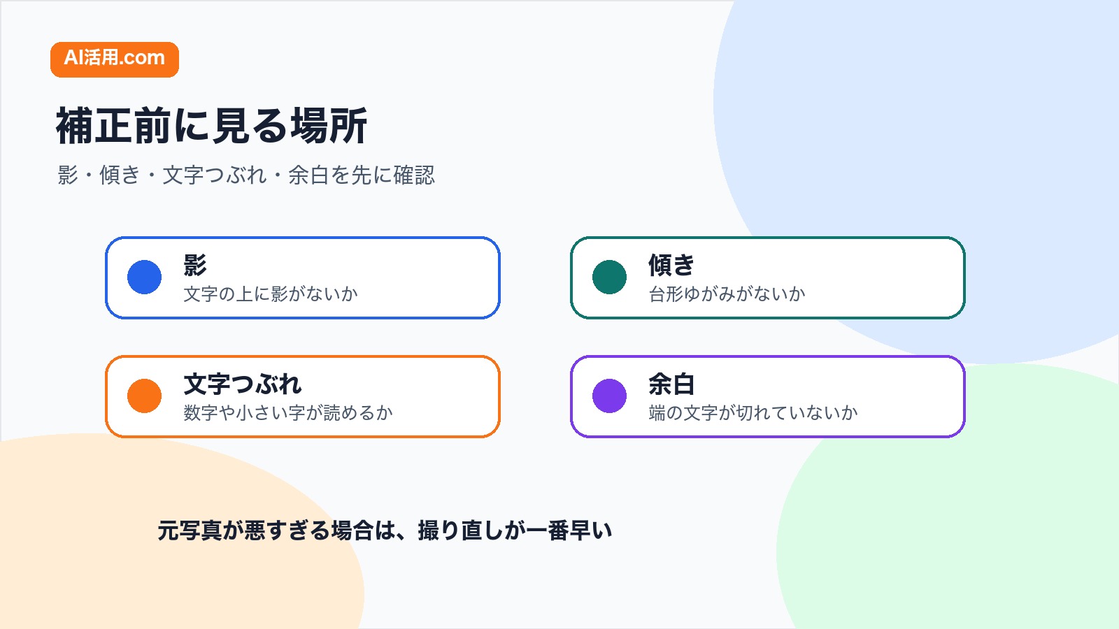 影 傾き 文字つぶれ 余白を古い資料写真の補正前に確認する図解