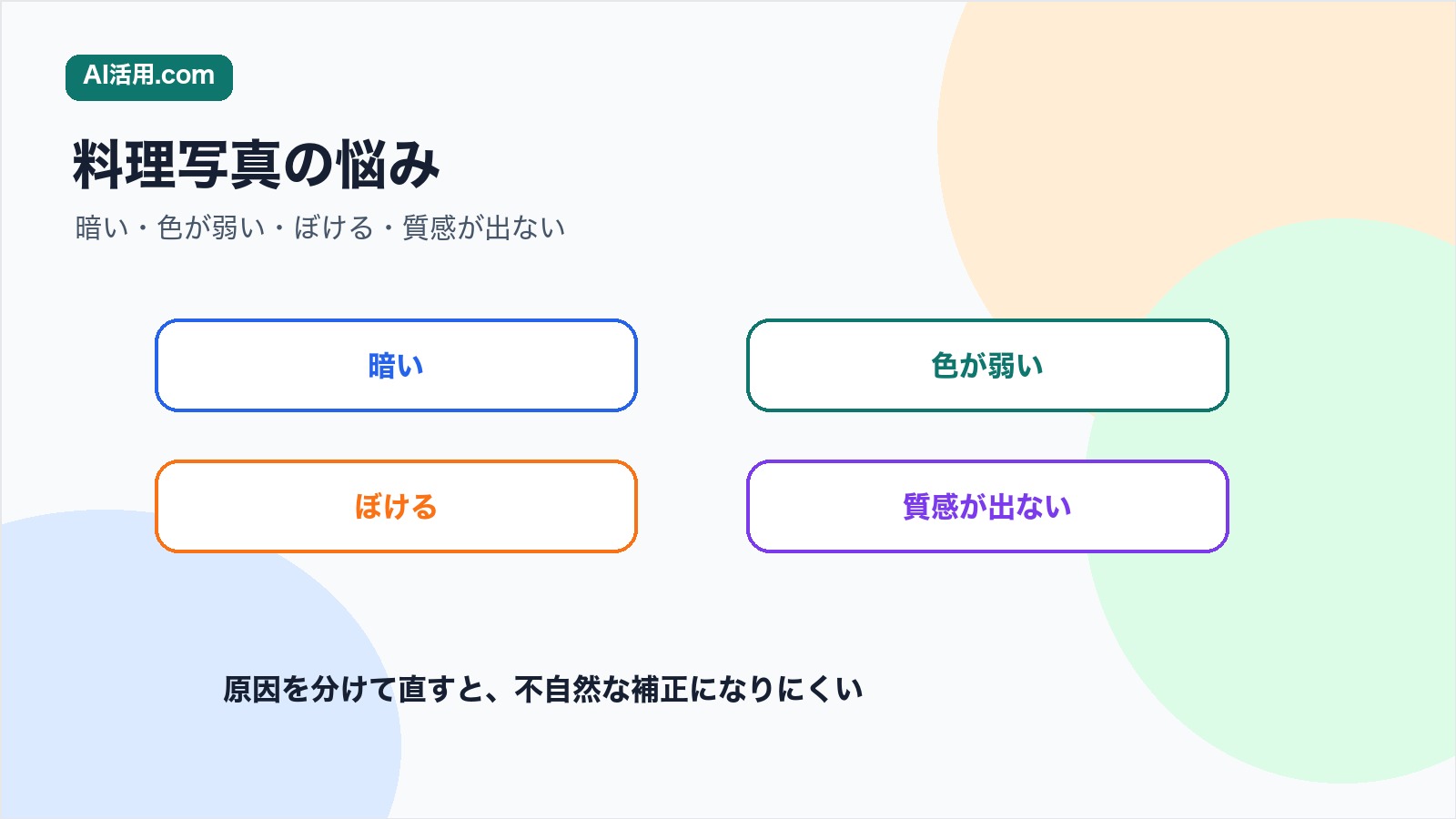 暗い 色が弱い ぼける 質感が出ないという料理写真の悩みを整理した図解