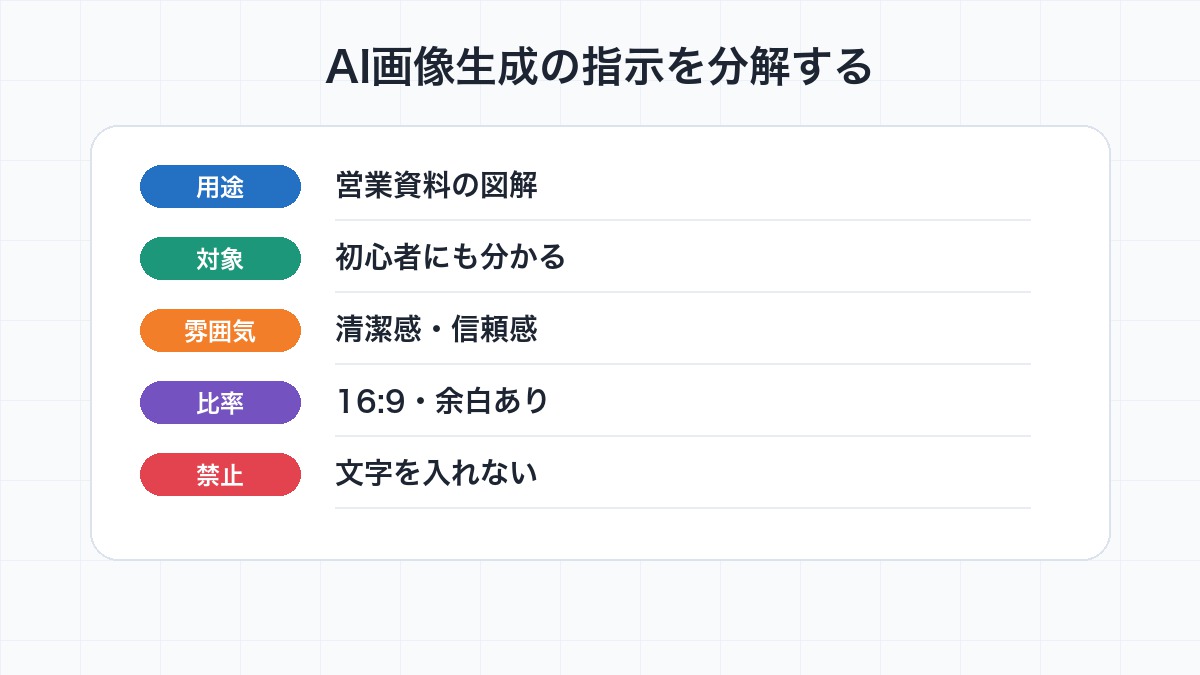 プレゼン資料用のAI画像を生成するための指示項目を分解した図解