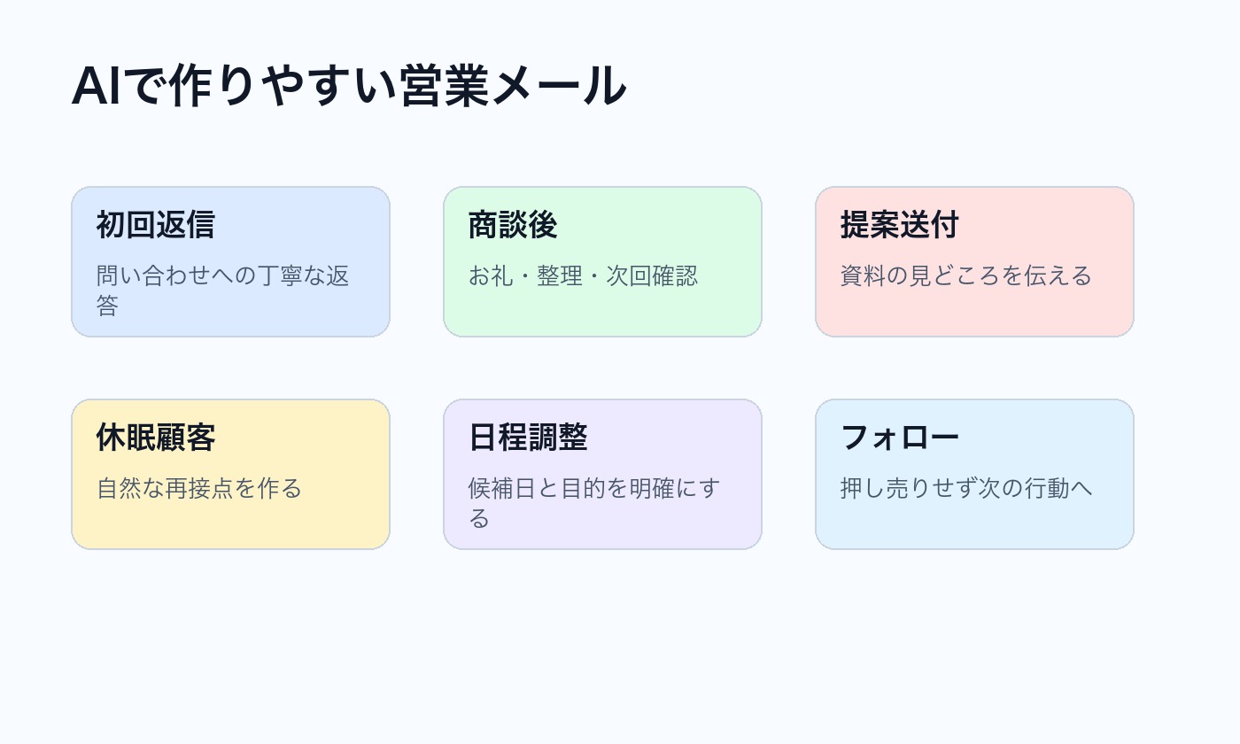 初回返信 商談後 提案送付 休眠顧客 日程調整 フォローなどAIで作りやすい営業メール例の図解