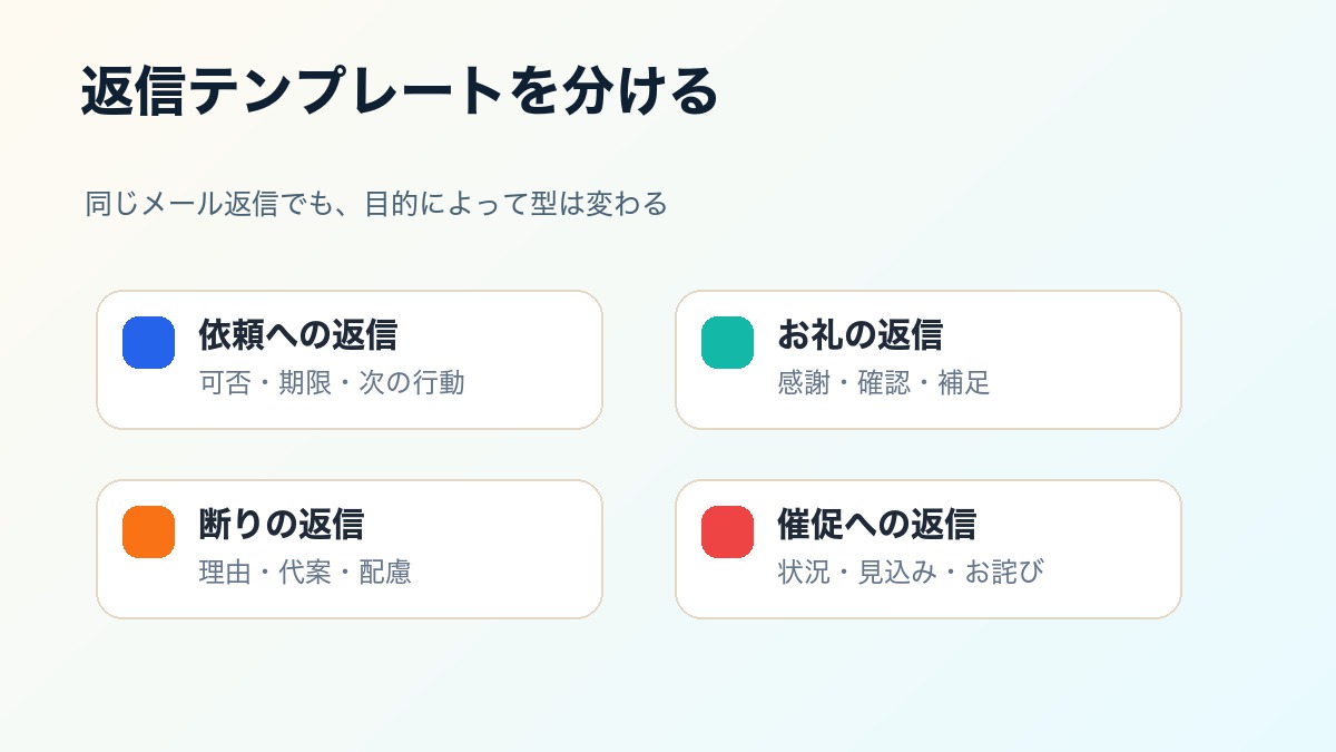 依頼、お礼、断り、催促への返信テンプレートを整理した図解