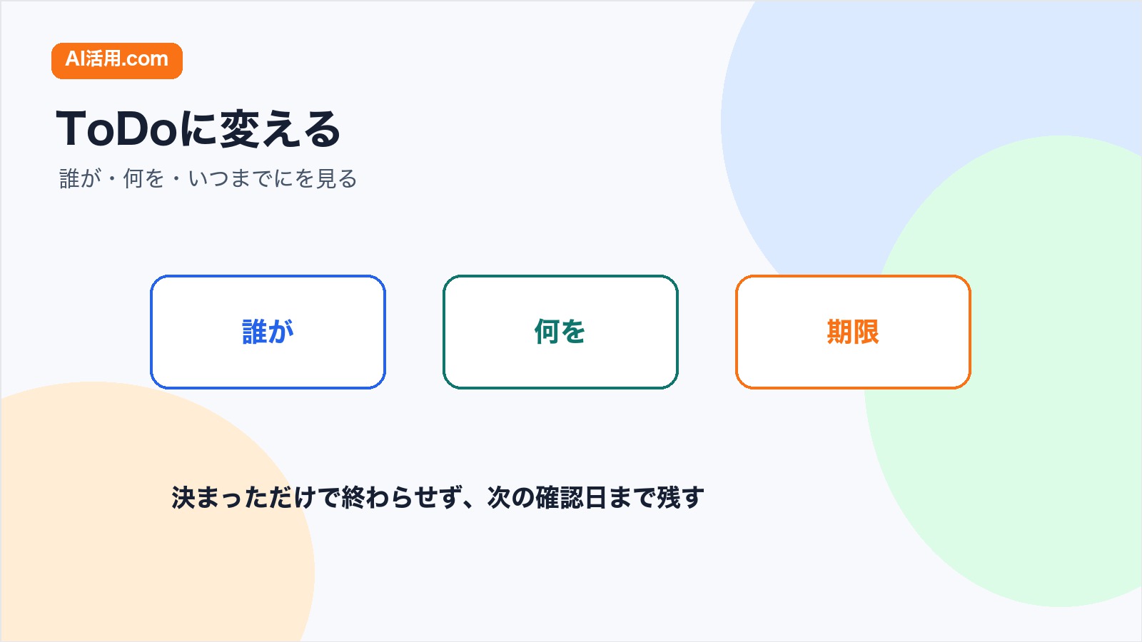 会議の決定事項を誰が何をいつまでにのToDoへ変える図解
