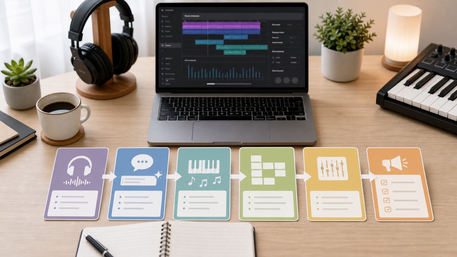 AI作曲を基礎から編曲やミックスまで順番に学ぶロードマップのイメージ