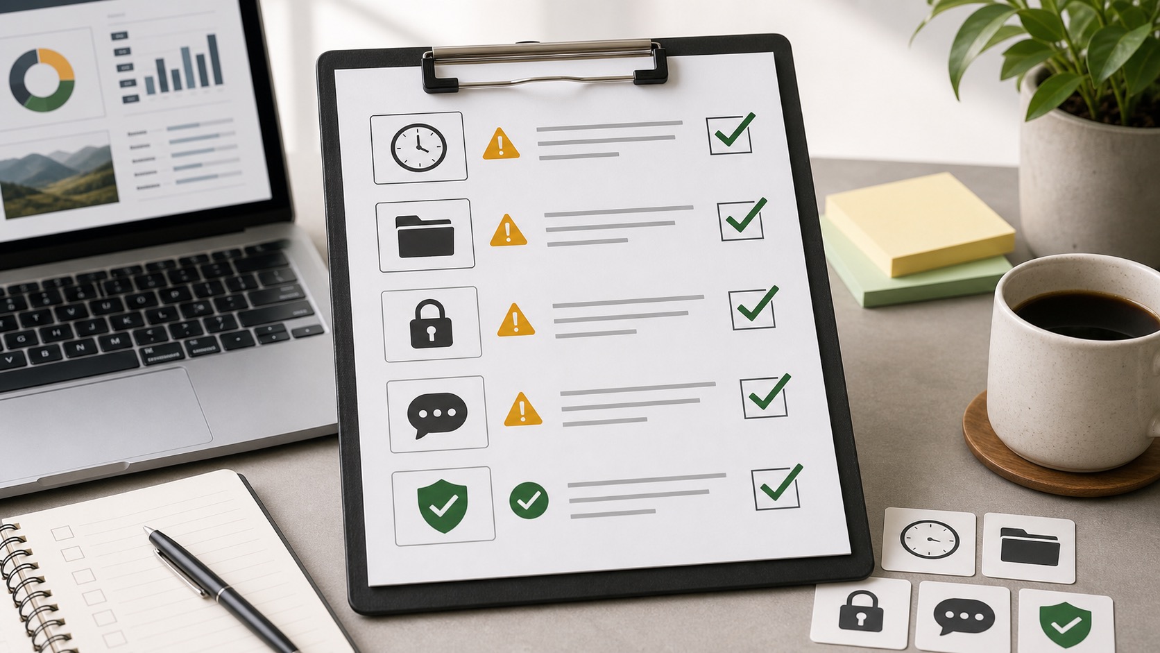 AI副業を始める前に時間や実績や情報管理を確認するイメージ