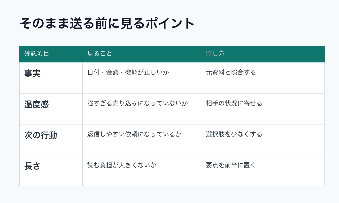 AIで作った営業メールを送る前に事実 温度感 次の行動 長さを確認するポイントの図解