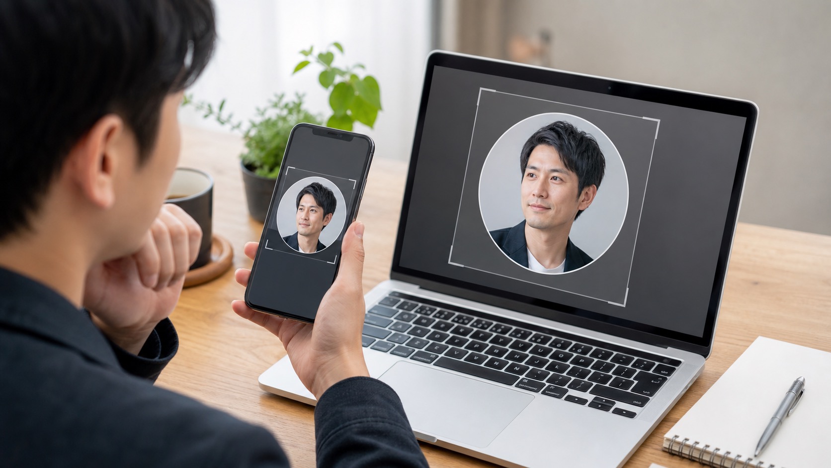 スマホとパソコンでプロフィール写真の切り抜き表示を確認している様子