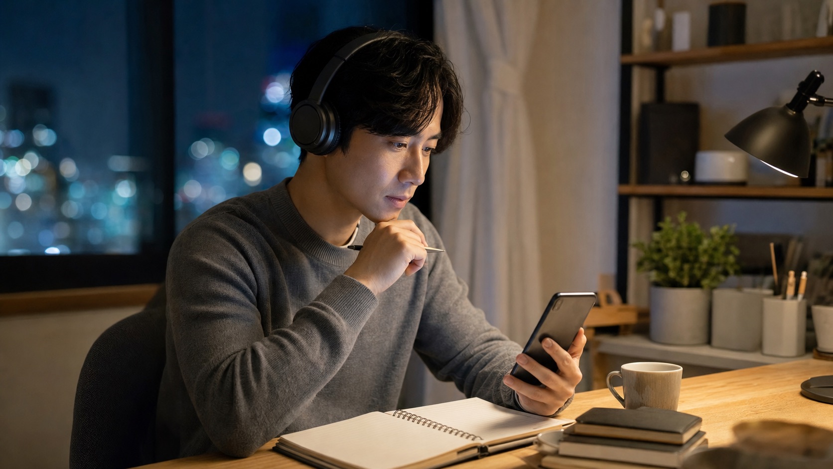 社会人がすき間時間に英語のリスニングと発話を練習するイメージ