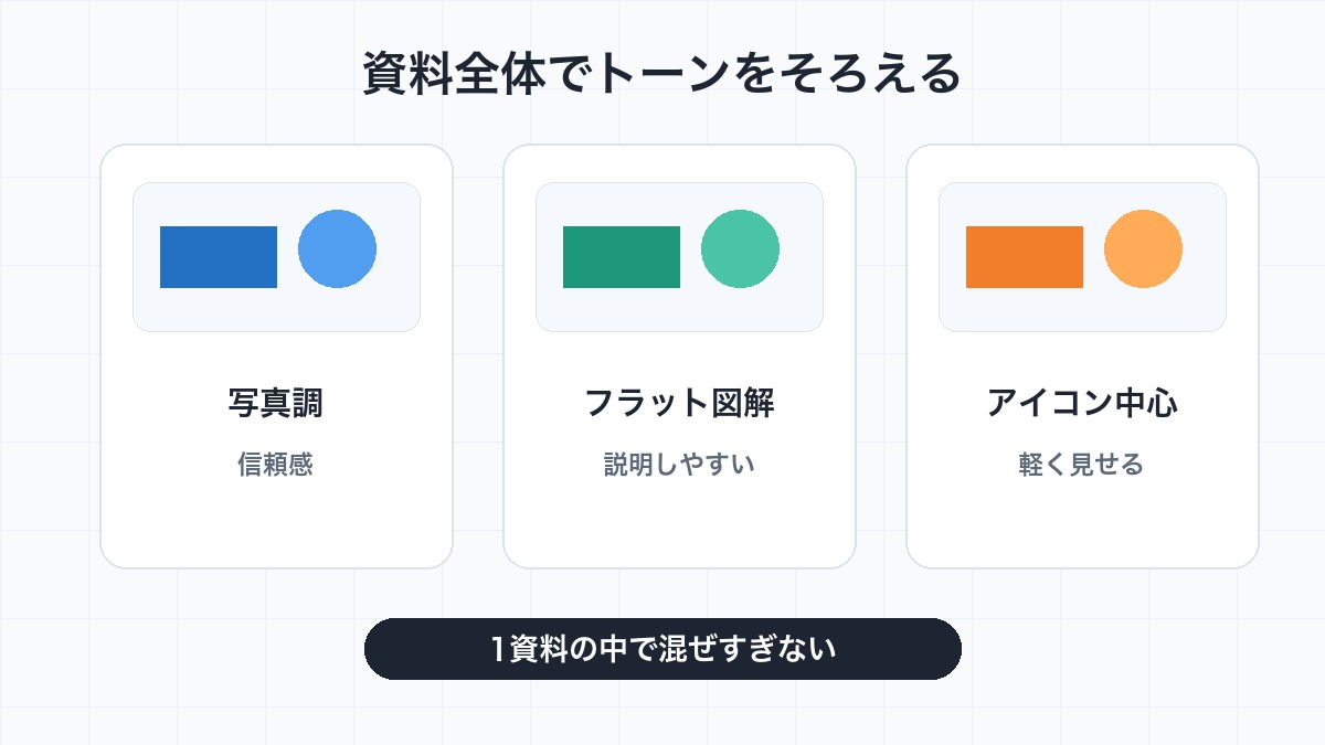AIで作るプレゼン資料画像のデザインテイストを比較する図解