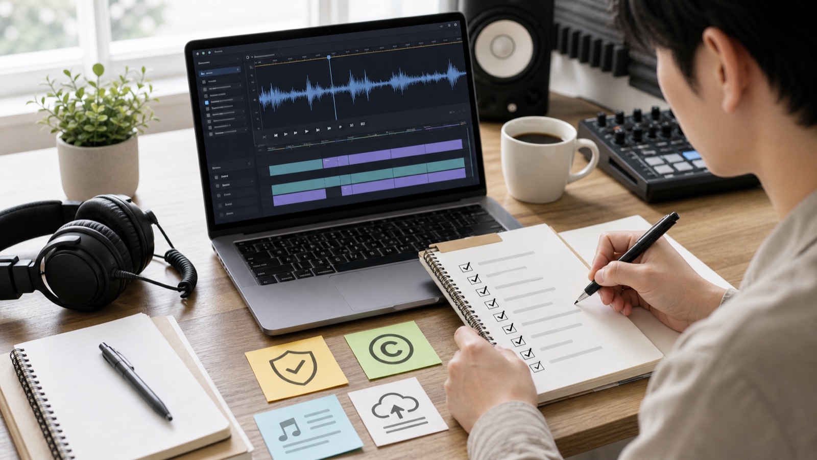 AIで作った曲を公開する前に権利や音質やクレジットを確認するイメージ