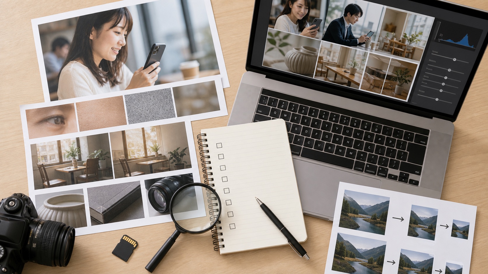 AI写真補正で不自然な補正や色ずれを確認するイメージ