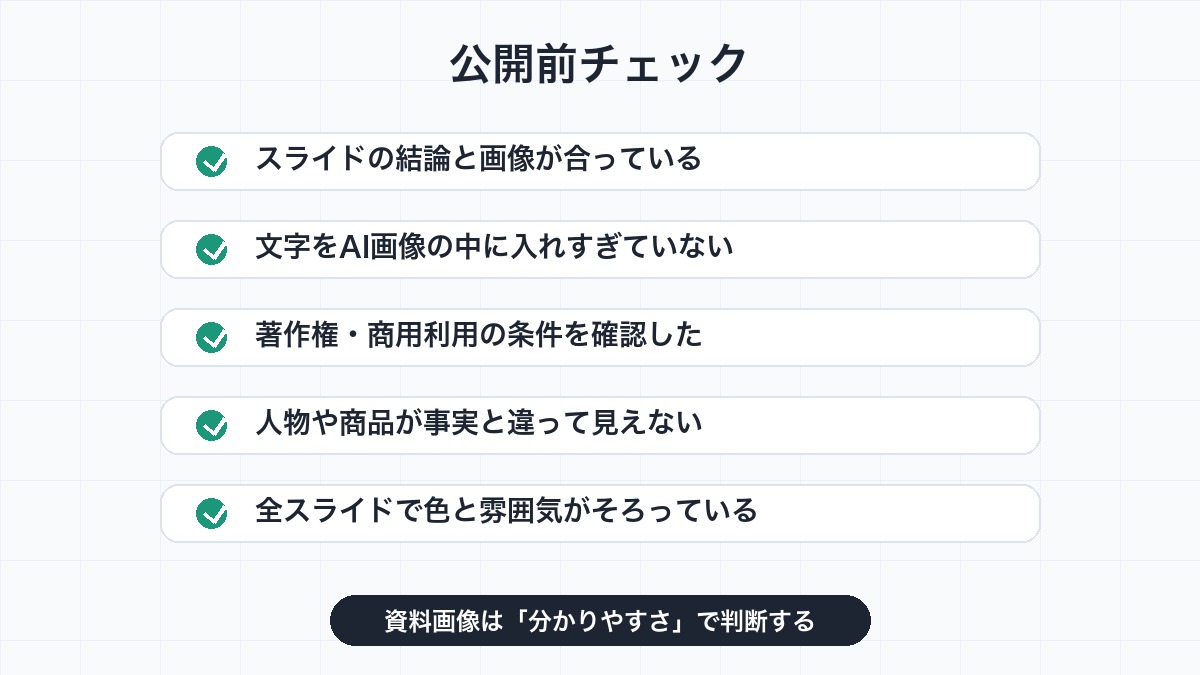 AIで作ったプレゼン資料画像を公開前に確認するチェックリスト画像