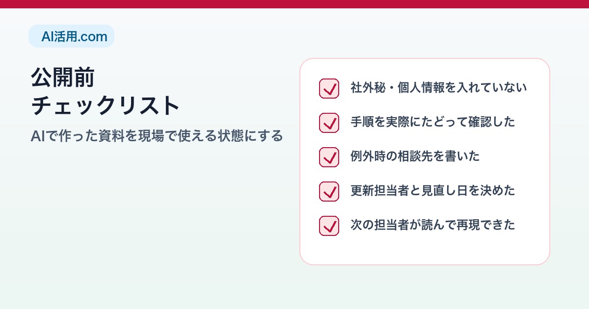 個人情報、手順確認、例外相談先、更新担当、再現性を確認する引き継ぎ資料チェックリスト