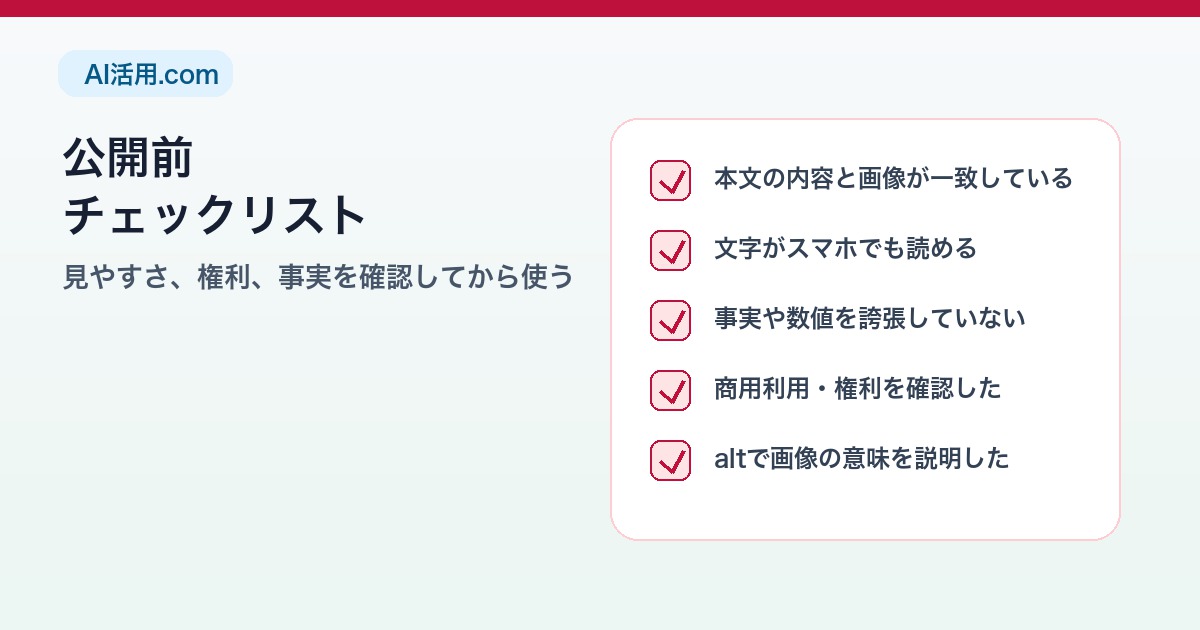 本文との一致、スマホ可読性、事実確認、商用利用、altを確認するブログ図解チェックリスト