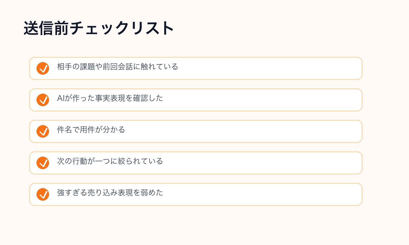AIで作った営業メールの送信前チェックリストの図解