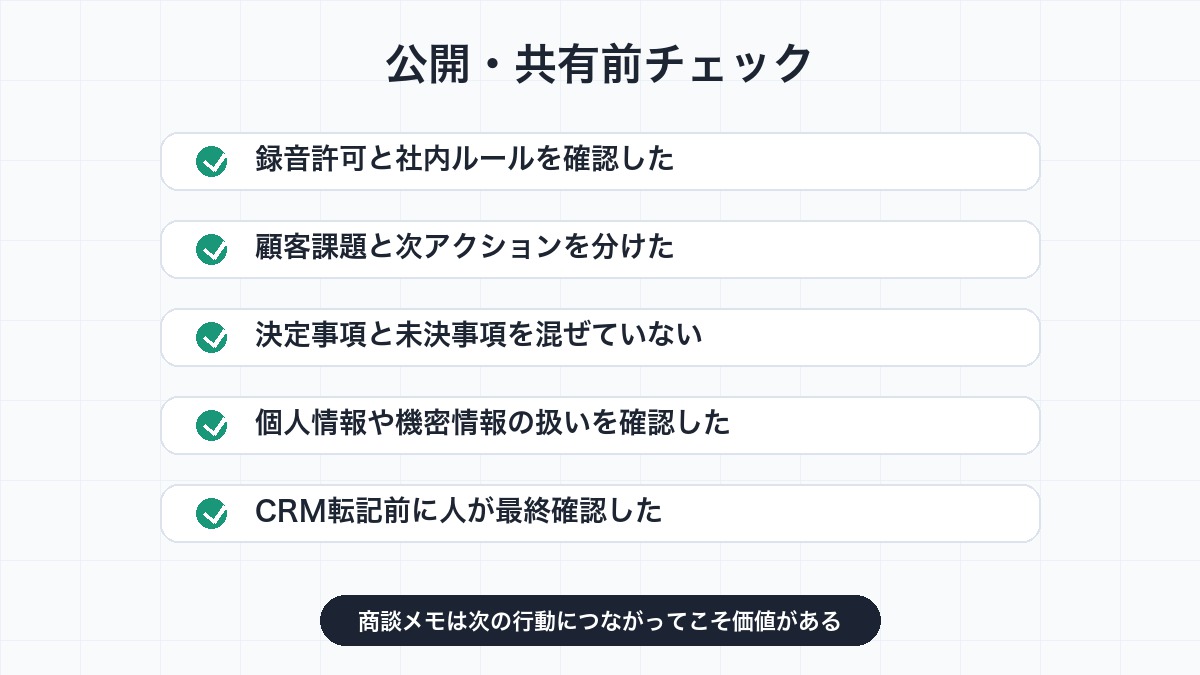 AIで作った商談メモを共有する前に確認するチェックリスト画像