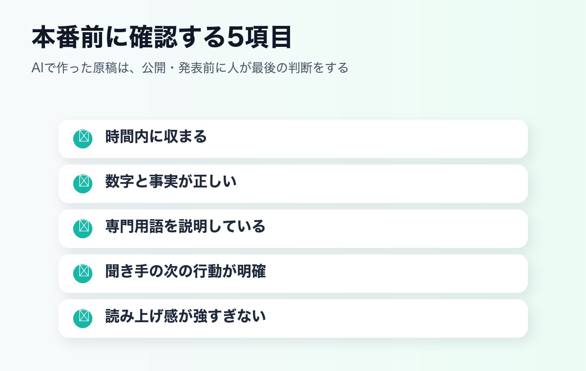 AIで作ったプレゼン原稿を本番前に確認する5項目のチェックリスト図解