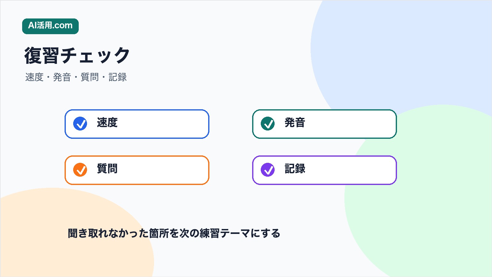 英語会議リスニングで速度 発音 質問 記録を確認するチェックリスト図解