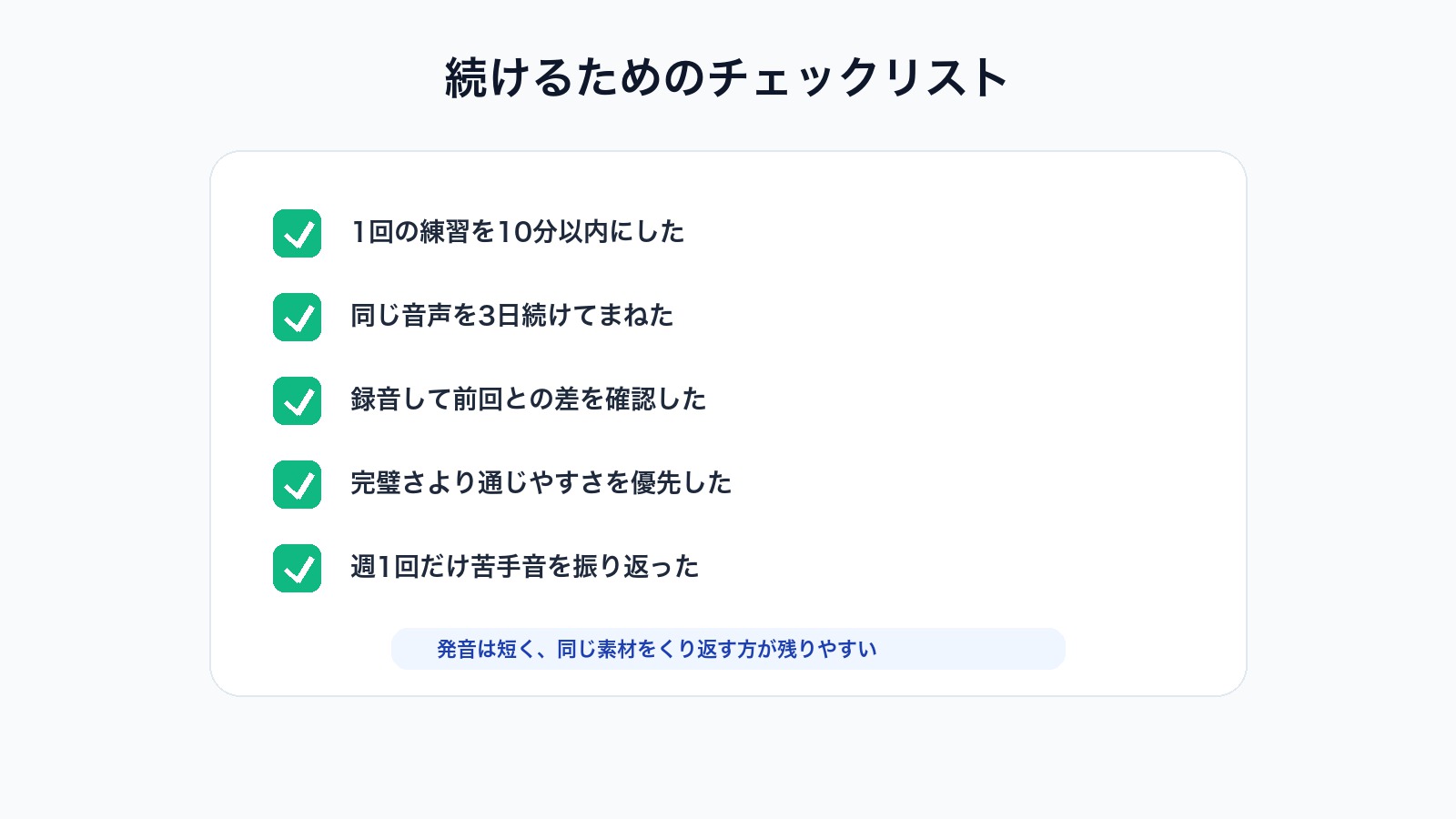 英語発音練習を毎日続けるための確認項目をまとめたチェックリスト画像
