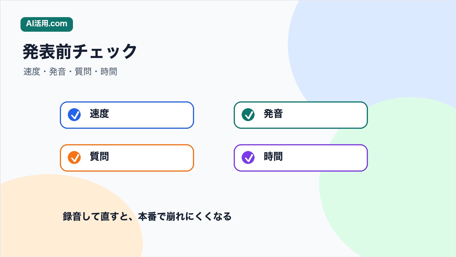 速度 発音 質問 時間を確認して英語プレゼンを発表前に整えるチェックリスト図解