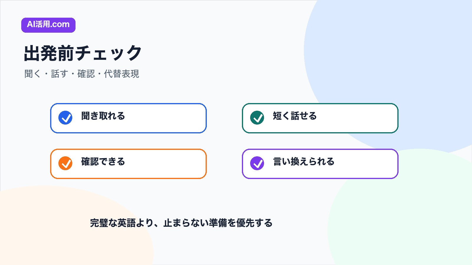 聞く 話す 確認 代替表現を確認する海外出張前英語の出発前チェックリスト