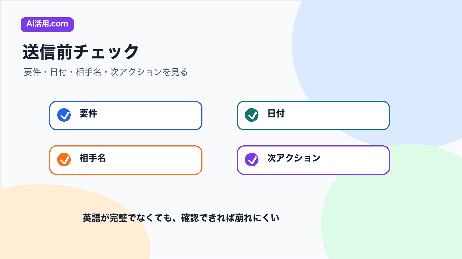 要件 日付 相手名 次アクションを確認する英語チャット送信前チェックリスト図解