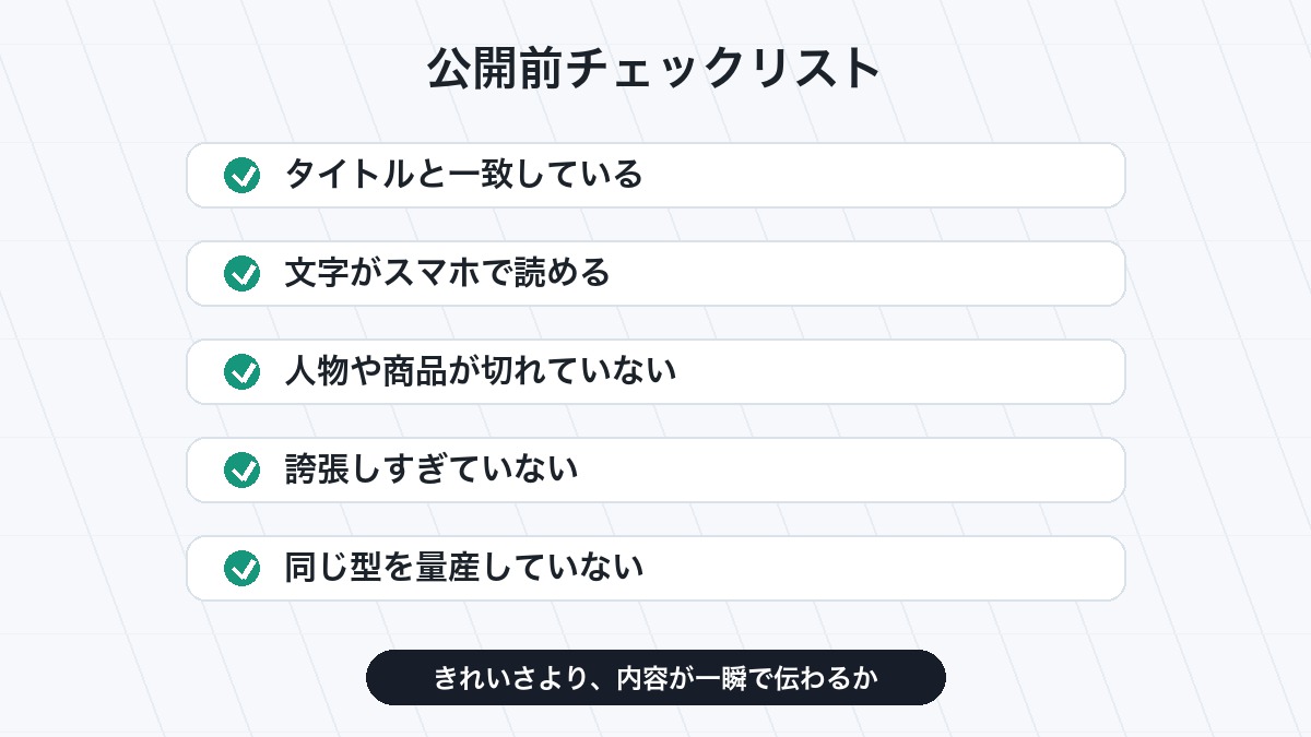 AIで作ったYouTubeサムネイルを公開前に確認するチェックリスト画像