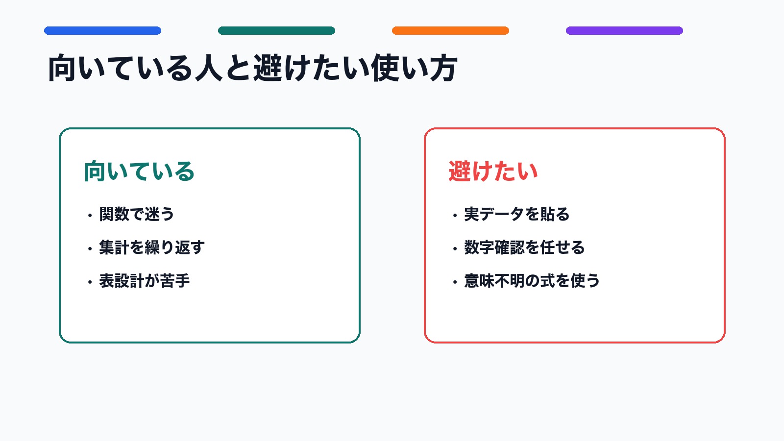 Excel作業でAIが向いている人と避けたい使い方を比較した図解