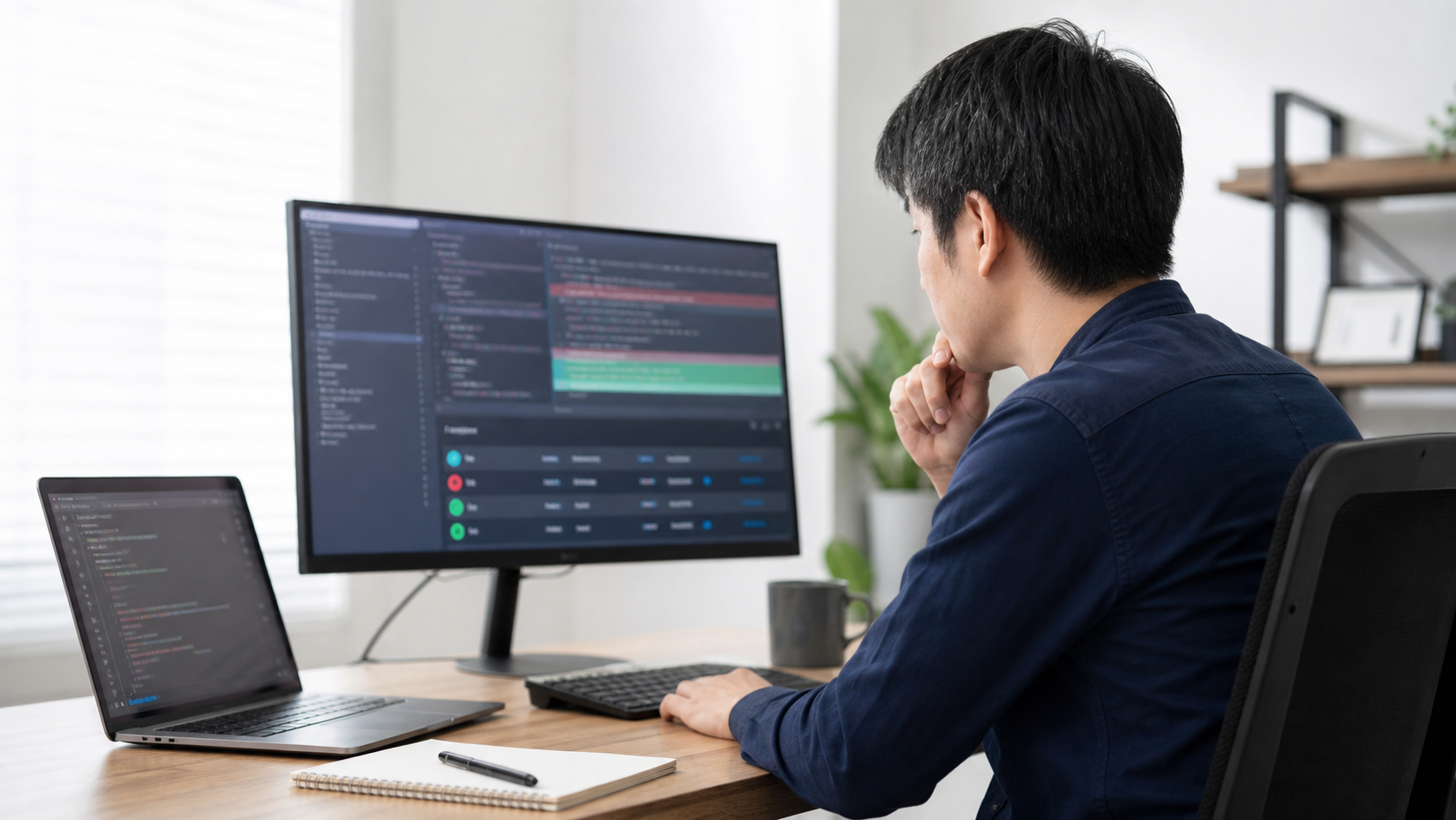 AIが生成したコード差分を確認するWebエンジニアのイメージ