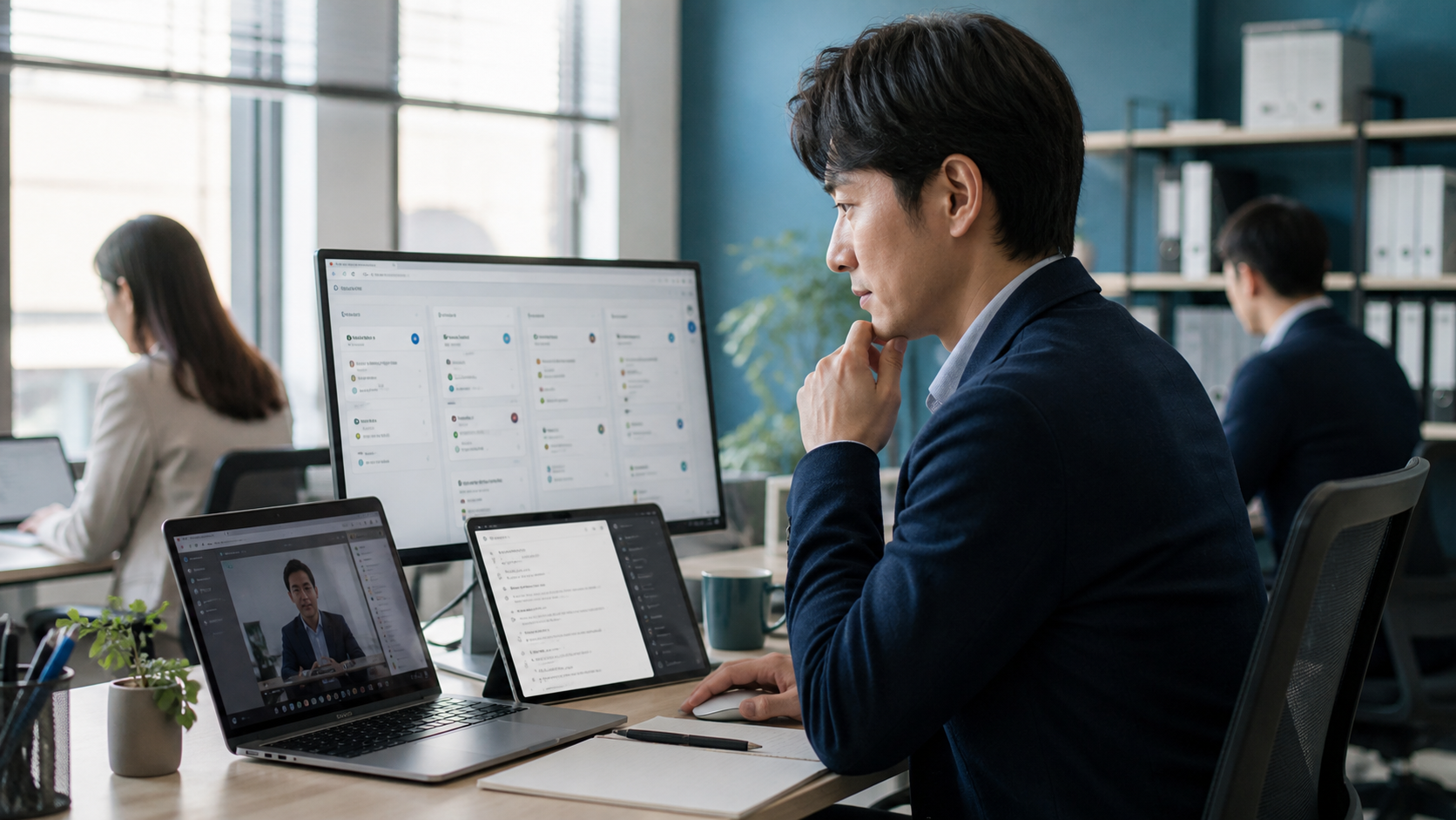 AIとCRMを使いながら商談準備をする営業担当者のイメージ