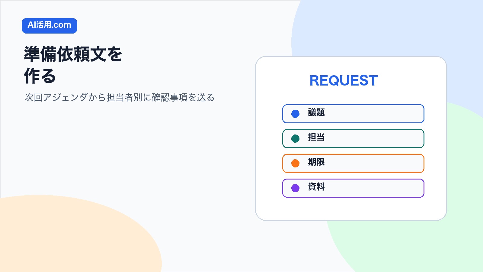 AIで会議前の準備依頼文を作り次回アジェンダから担当者別に確認事項を送る方法の図解