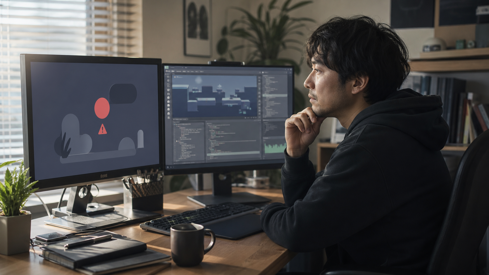 AIコーディング支援の停止画面を前に作業を考え直す開発者のイメージ