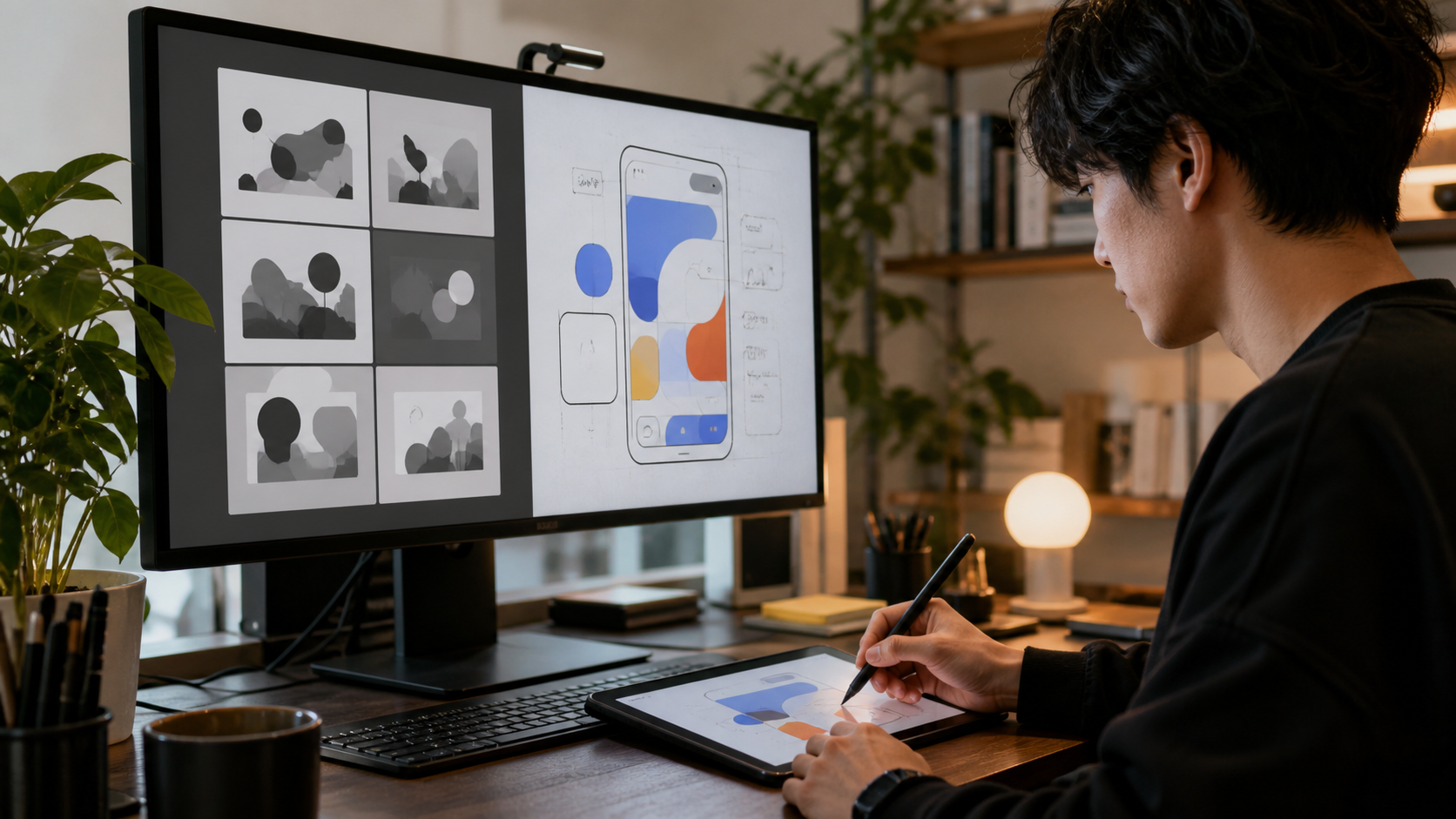 デザイナーがAIのサムネイル案を比較し、独自の着想を加えて修正するイメージ