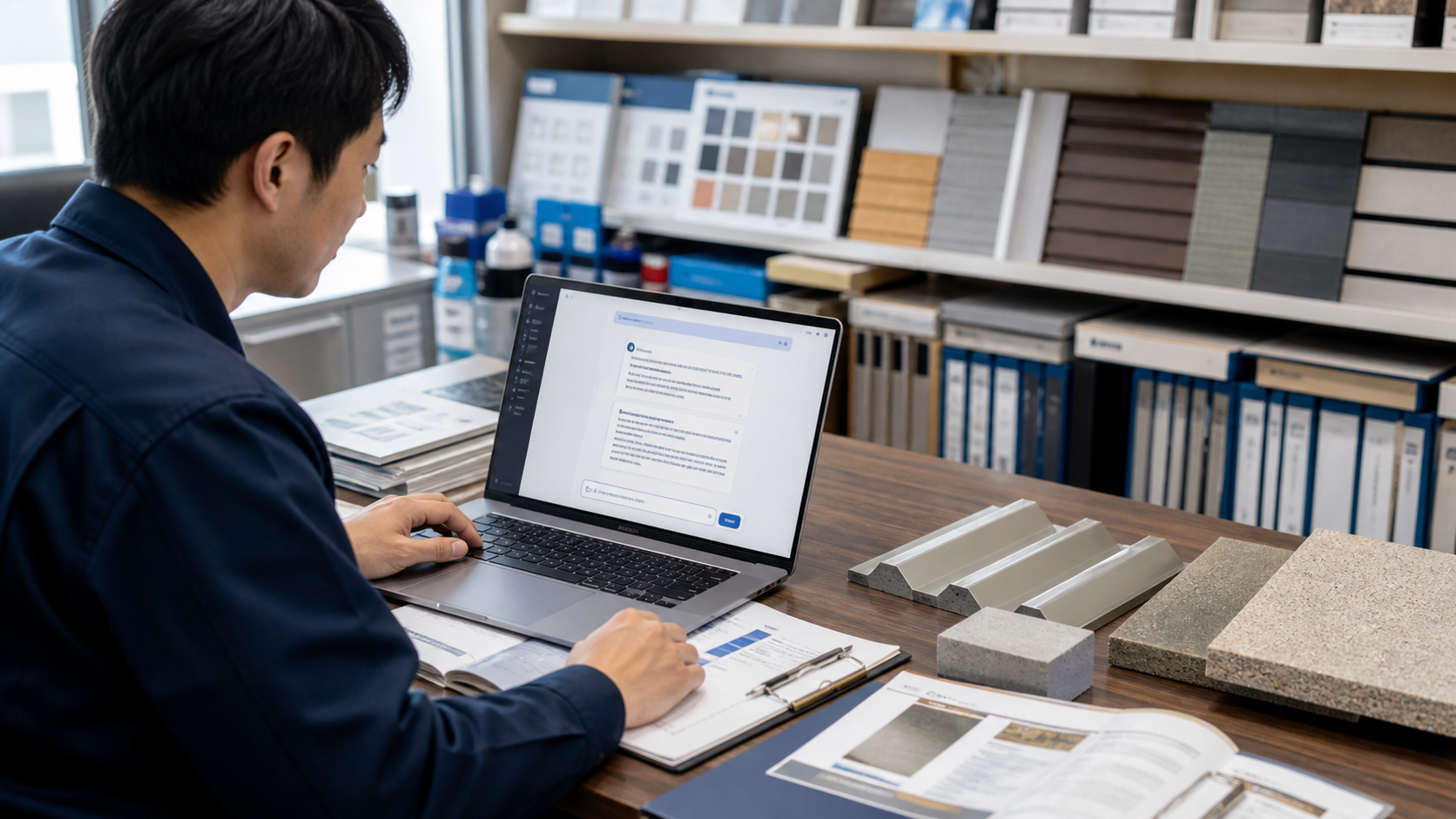 建材の営業担当が仕入先資料を学習した社内AIへ商品について質問するイメージ