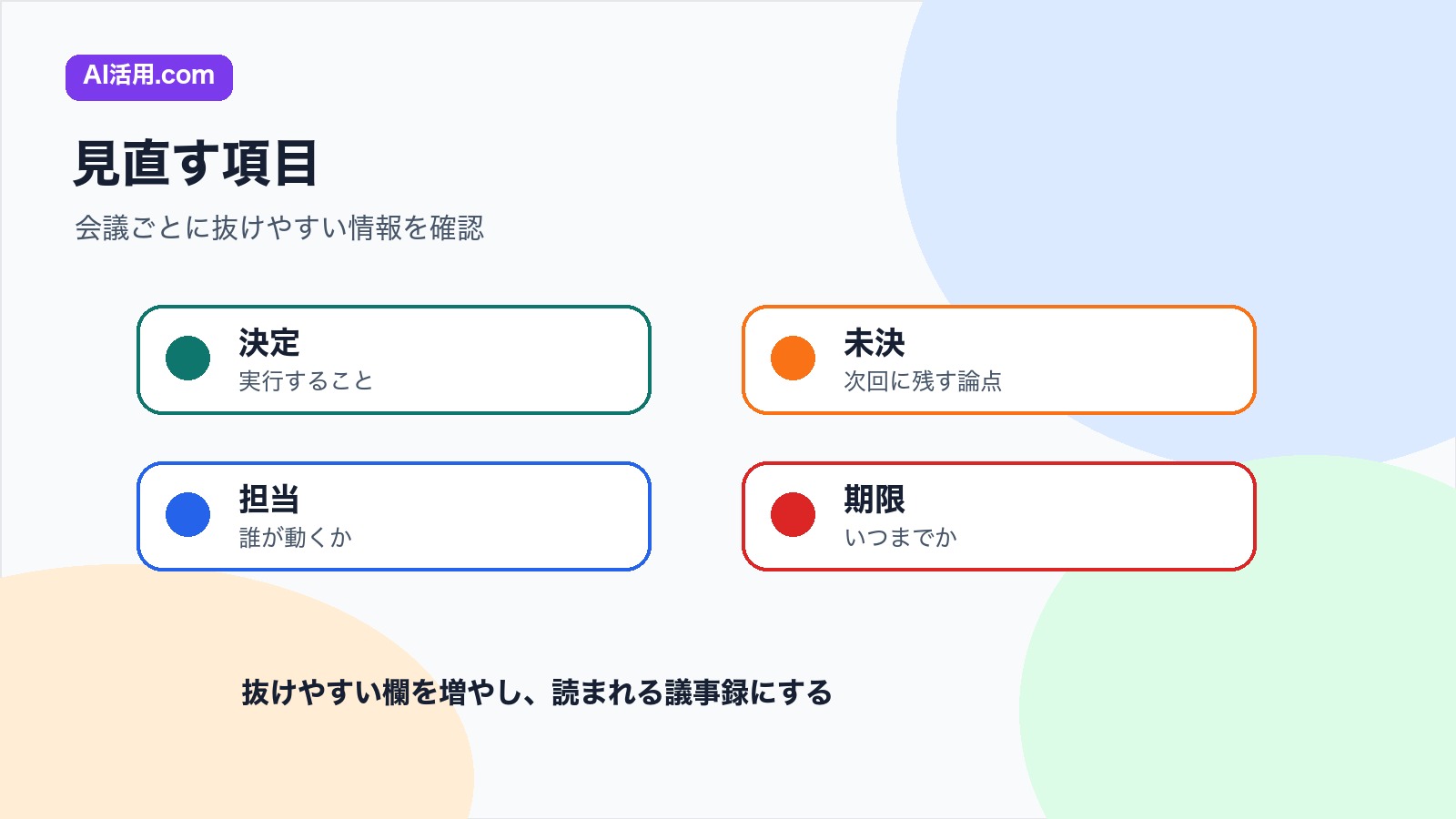 決定 未決 担当 期限など議事録テンプレートで見直す項目の図解