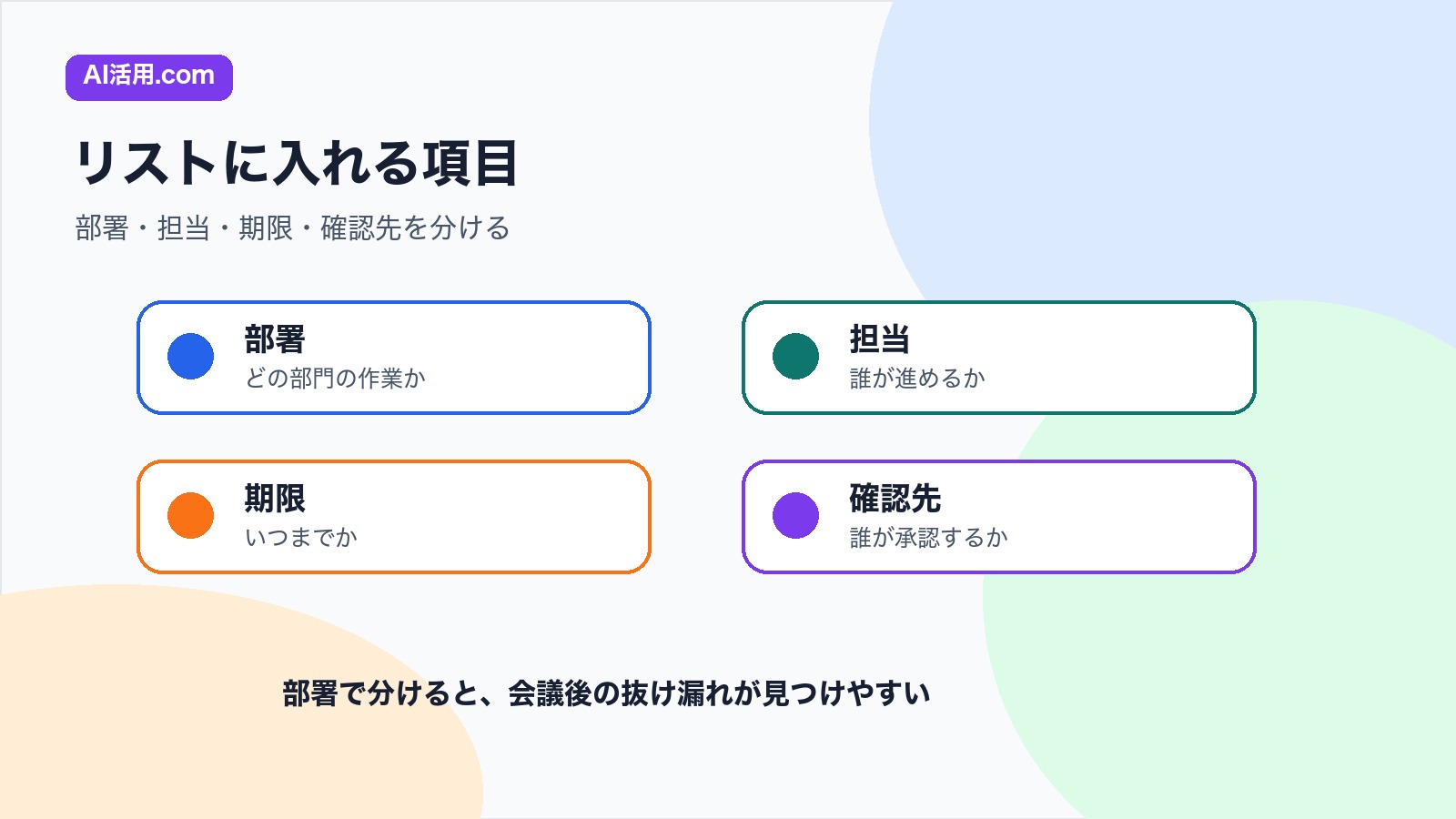 部署 担当 期限 確認先を部署別アクションリストに入れて整理する図解